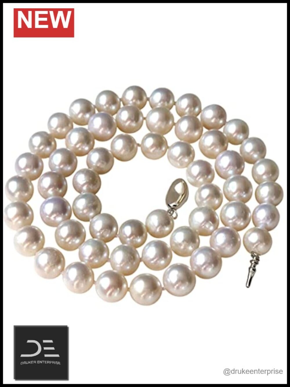 Round Pearl Necklace Sterling Silver 925 White 18" Clasp Elegant